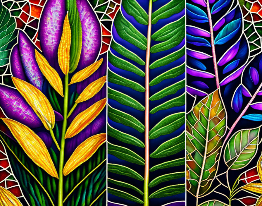 Colorful Stained Glass Style Illustration of Plants in Purple, Green, and Yellow