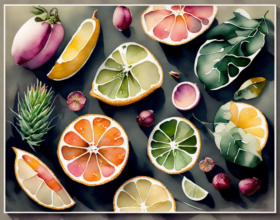 Vibrant watercolor citrus fruits and leaves on dark background