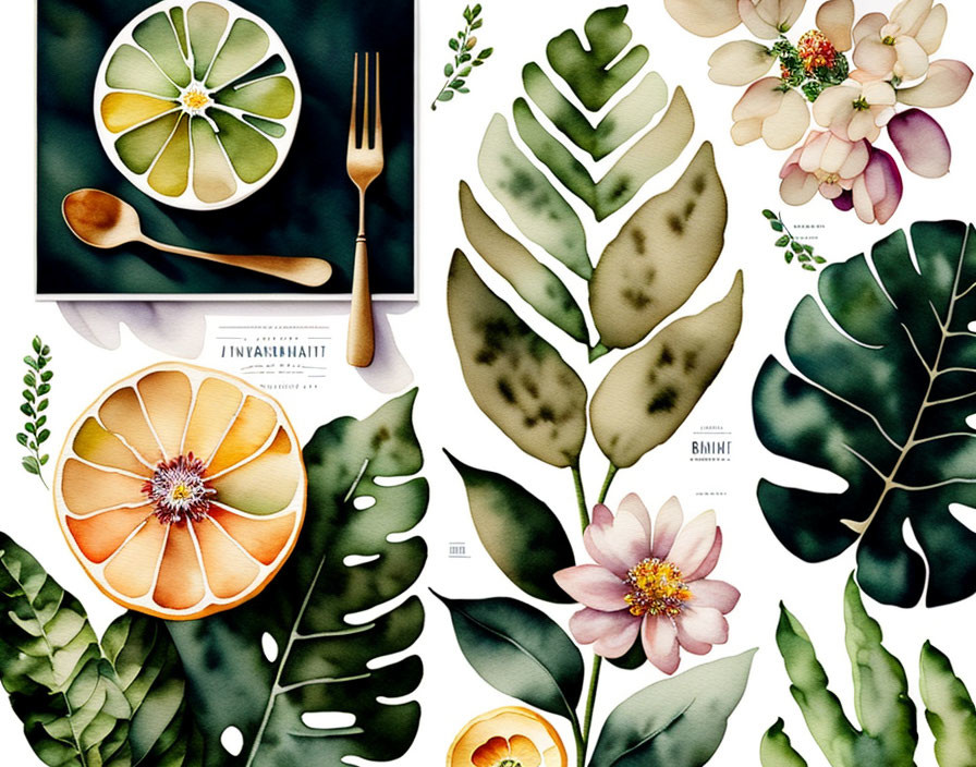 Botanical Watercolor Citrus Slice and Leaf Illustrations on White Background