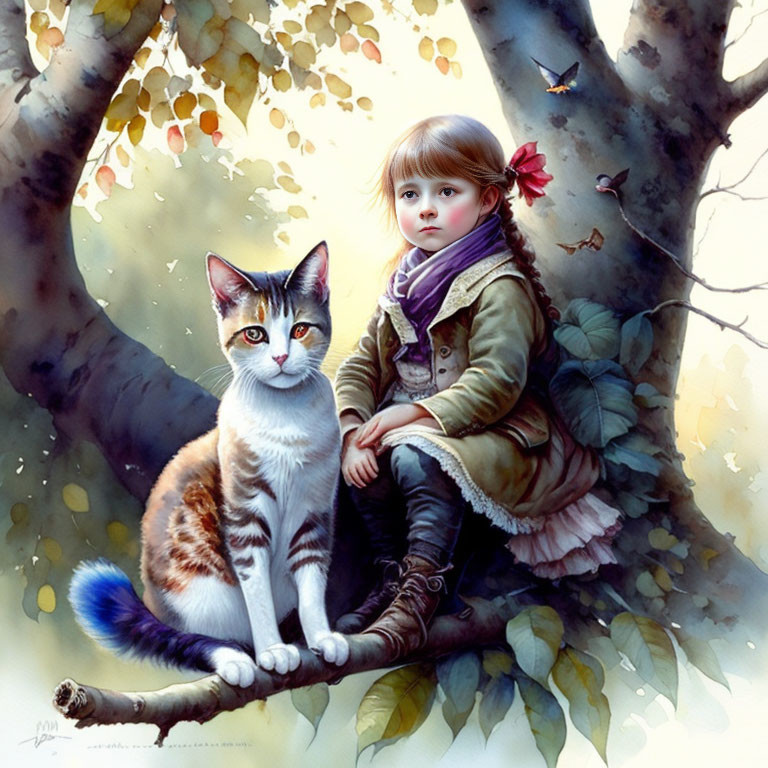 Child with red ribbon and cat on autumn tree branch.