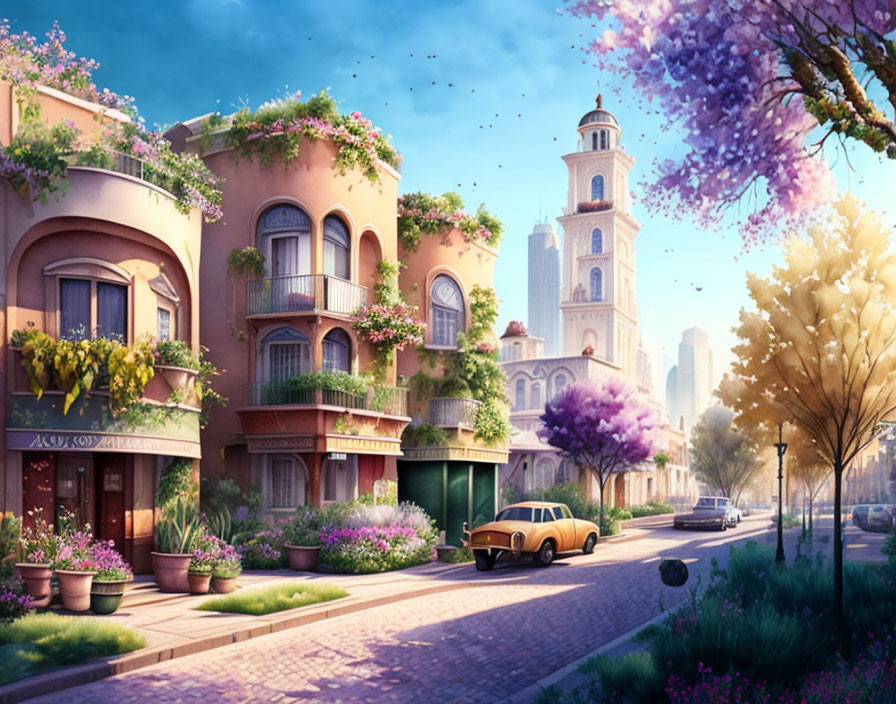 European-style buildings, vintage car, vibrant blossoms: Serene spring day scene