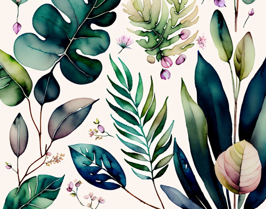 Botanical watercolor illustration of leaves and flowers on off-white background