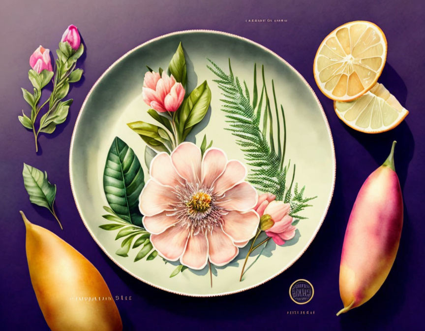 Vintage floral plate with pink flower, fruits, and greenery illustration.