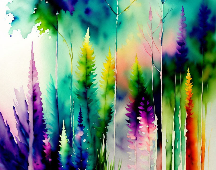 Colorful Abstract Forest Watercolor Painting: Vibrant Trees in Green, Purple, and Yellow