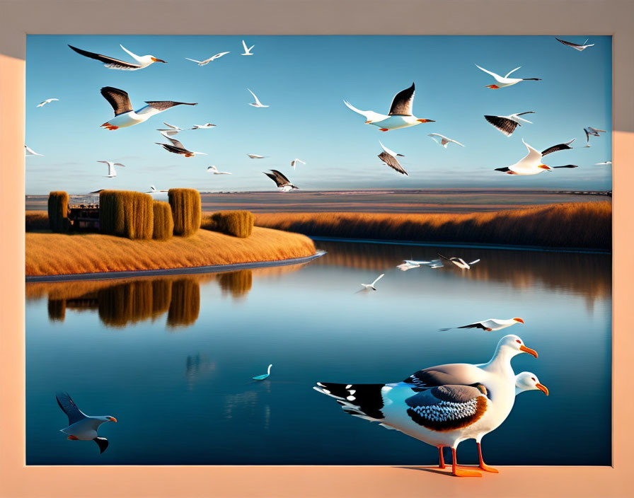 Tranquil landscape with seagulls, lake, reeds, and hay bales