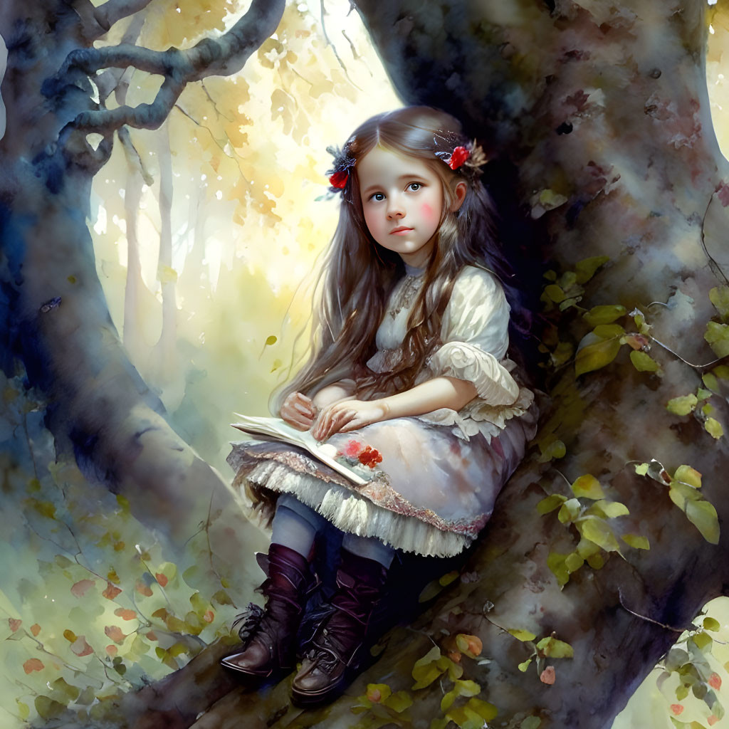 Young girl reading book under tree in serene forest setting