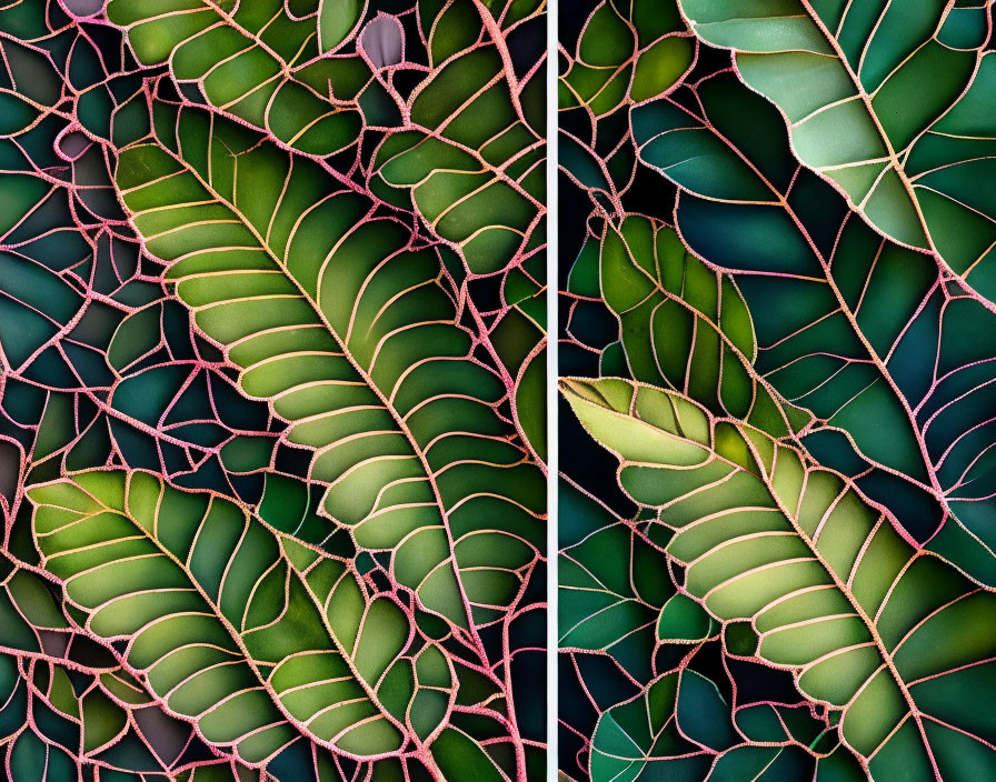 Green leaves with pink veins mirrored on dark background