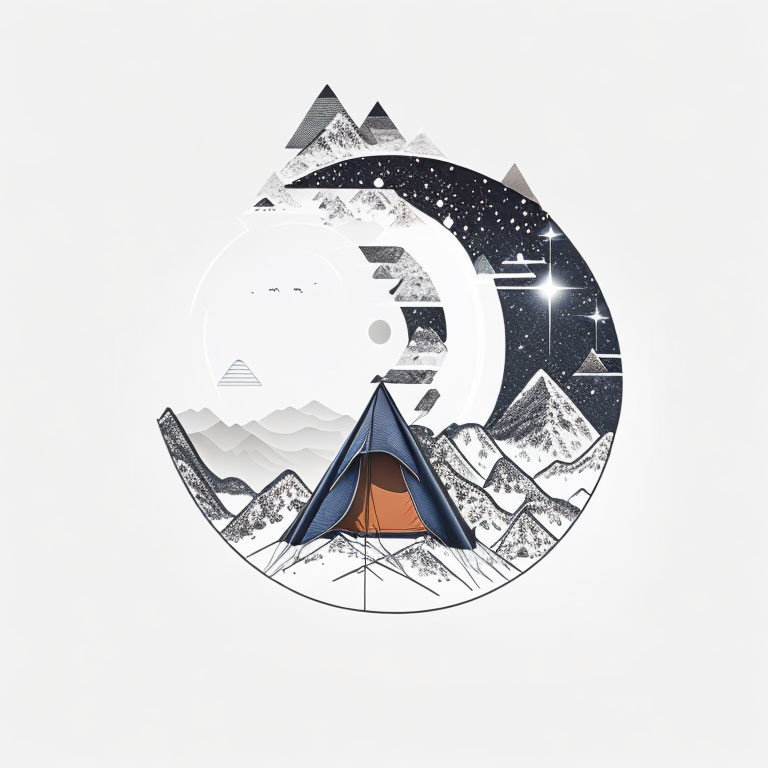 Circular Artwork of Mountainous Landscape with Tent & Celestial Elements