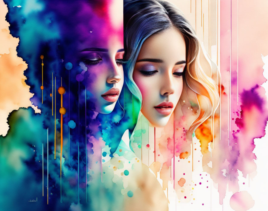 Colorful Watercolor Illustration of Two Women in Ethereal Style