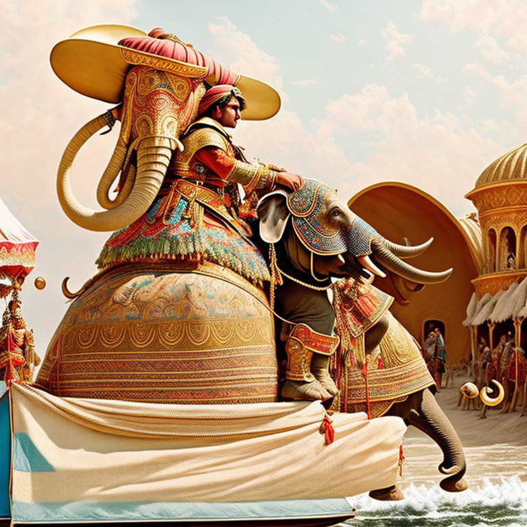 Elaborately dressed person on adorned elephant with golden domes.