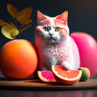 White Cat with Yellow Eyes Next to Fruit on Gray Background