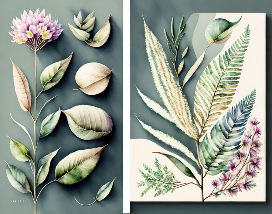 Botanical illustrations of stylized flowers and leaves on gray background