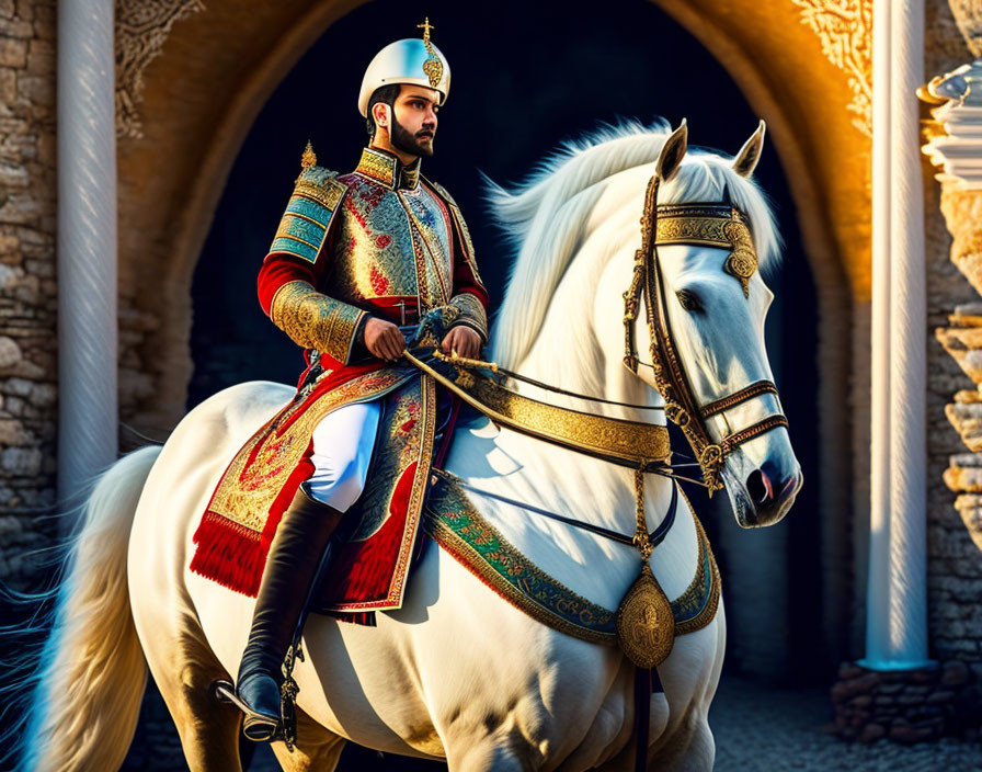 Person in ornate ceremonial attire on white horse at sunny stone entrance