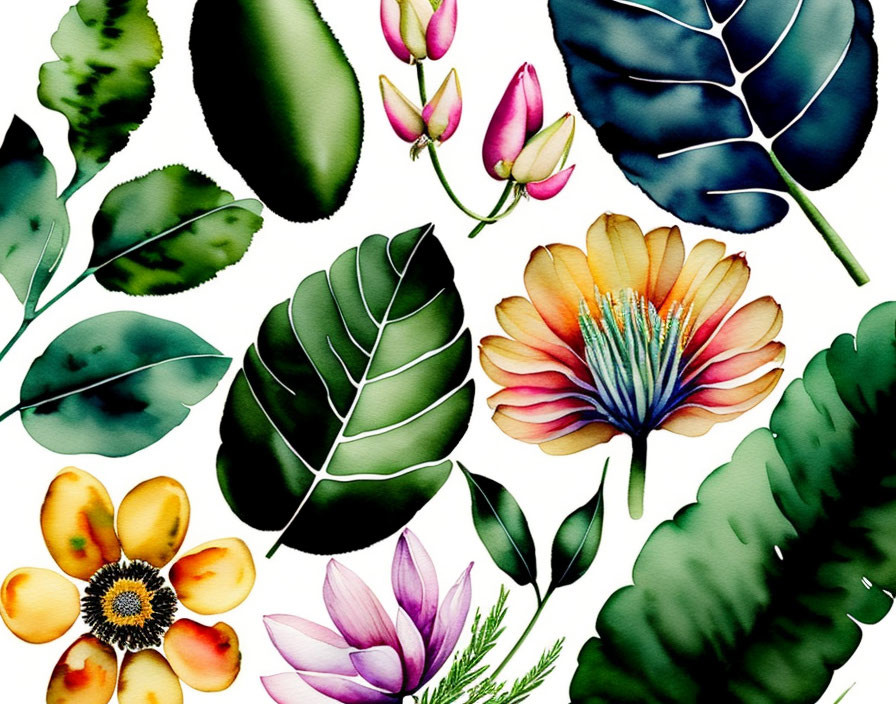 Colorful Watercolor Botanical Elements: Vibrant Leaves and Flowers with Detailed Veins and Petals