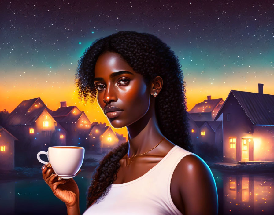 Woman holding white cup in serene twilight village with starry sky