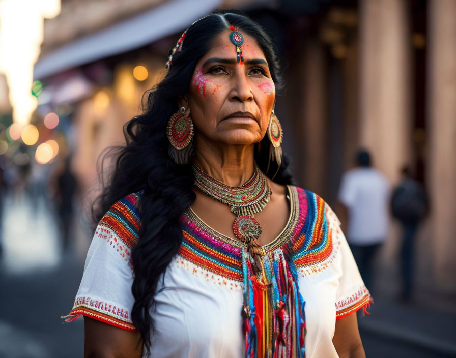 Indigenous woman in traditional attire with intricate beadwork on sunlit street