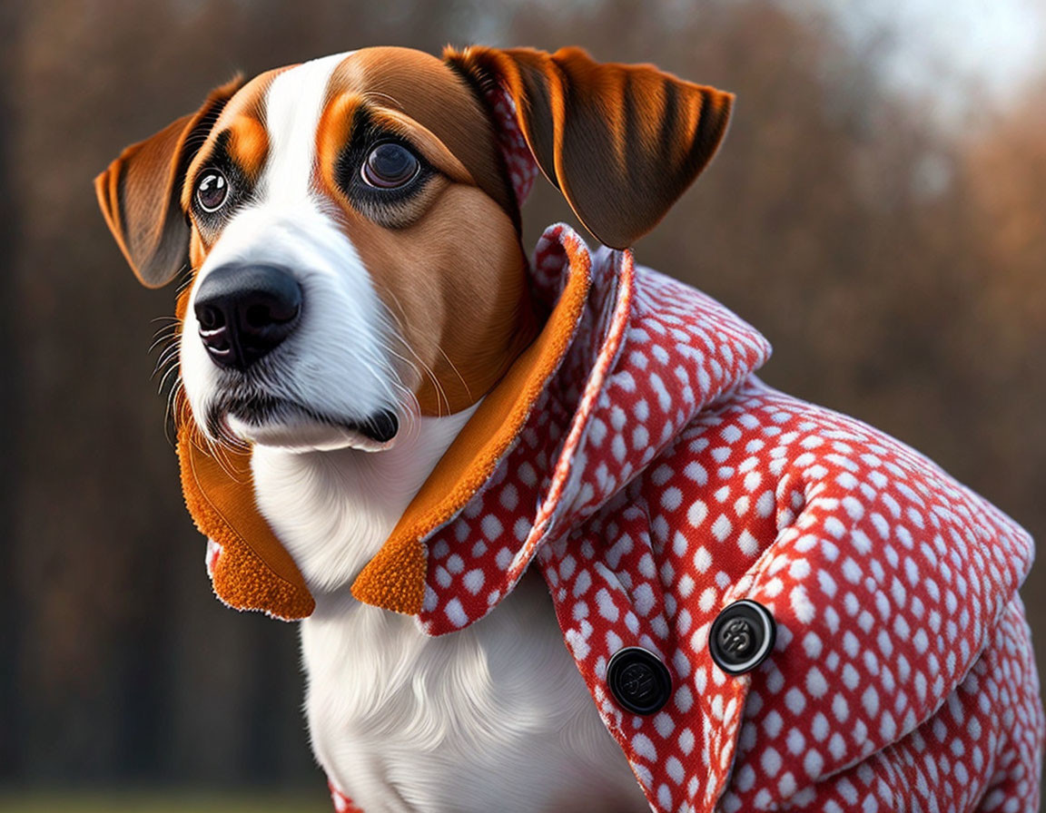 Brown and White Dog in Orange Checkered Coat with Collar, Thoughtfully Looking Away