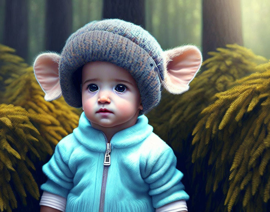 Digital artwork: Baby with elf-like ears in blue sweater and knit hat in forest