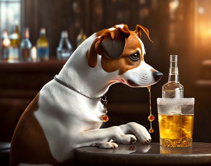 Jack Russell Terrier with necklace next to beer glass and bottle in bar setting