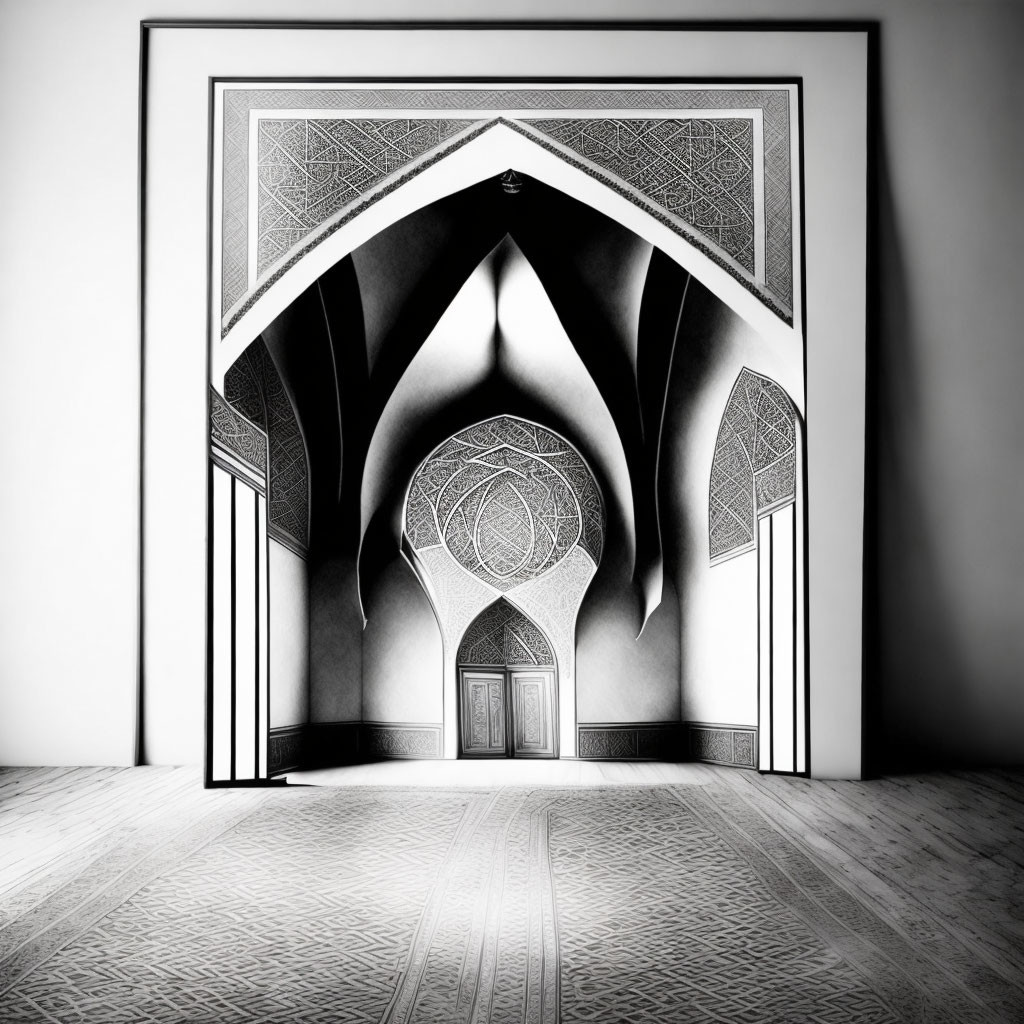 Monochrome optical illusion: Framed archway leading to ornate Middle Eastern door