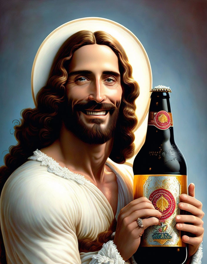 Man with Long Brown Hair and Beard Holding Beer Bottle and Halo