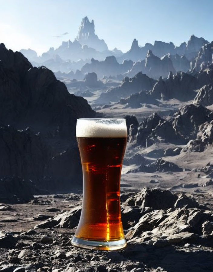 Pint glass of beer on rocky surface with mountain backdrop