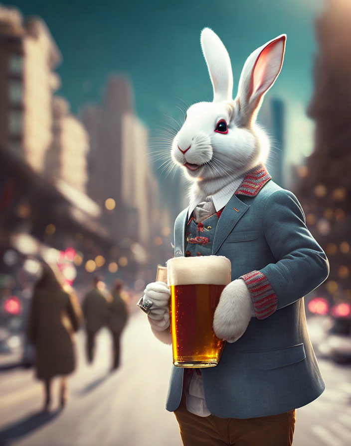 Anthropomorphic rabbit in suit with beer on city street