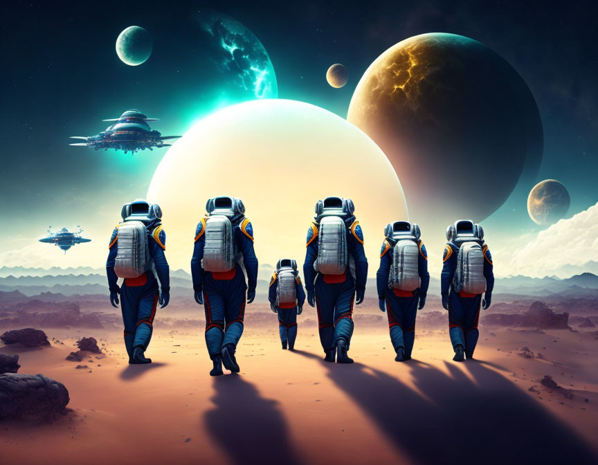 Astronauts in space suits explore alien planet with moons and spaceships