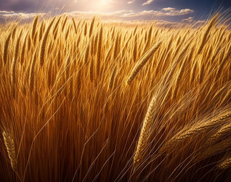 Sunset illuminating golden wheat field with sunrays shining through stalks