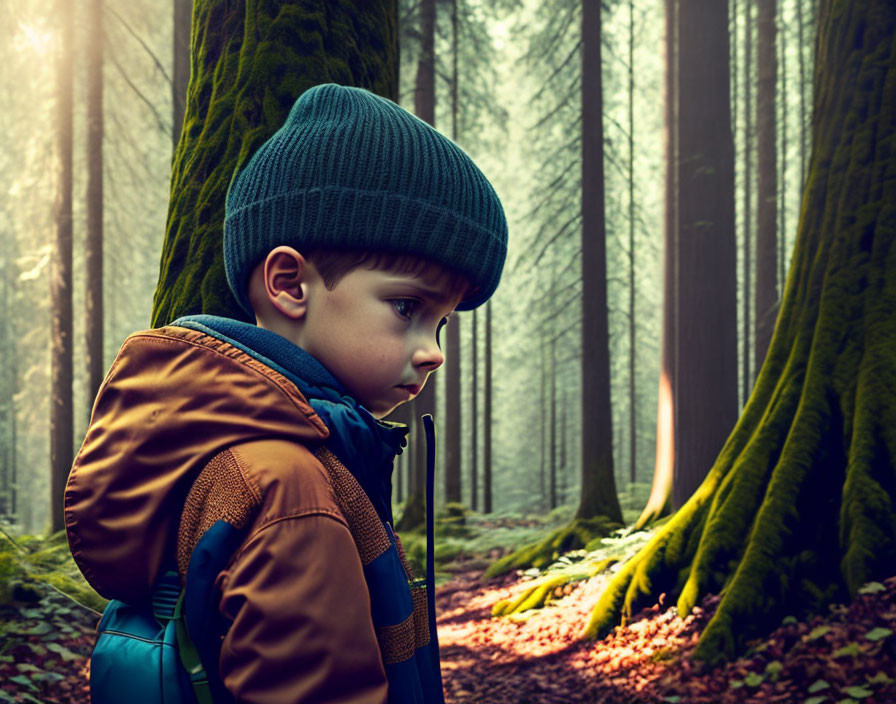 Child in Knitted Hat and Jacket in Sunlit Mossy Forest