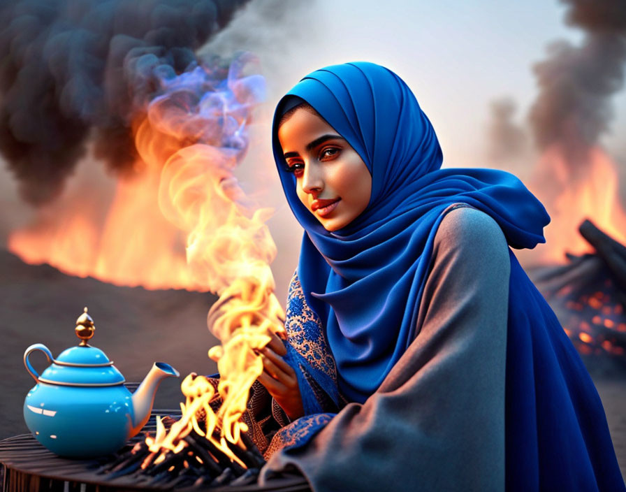 Woman in Blue Hijab Sitting by Fire at Dusk with Teapot and Smoke