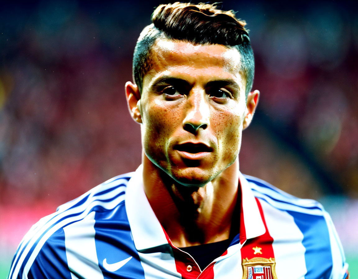 Male soccer player in striped blue and red kit with crest.