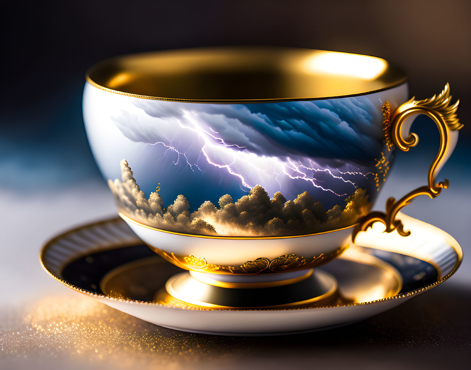 Porcelain cup and saucer with gold accents and storm pattern in warm light