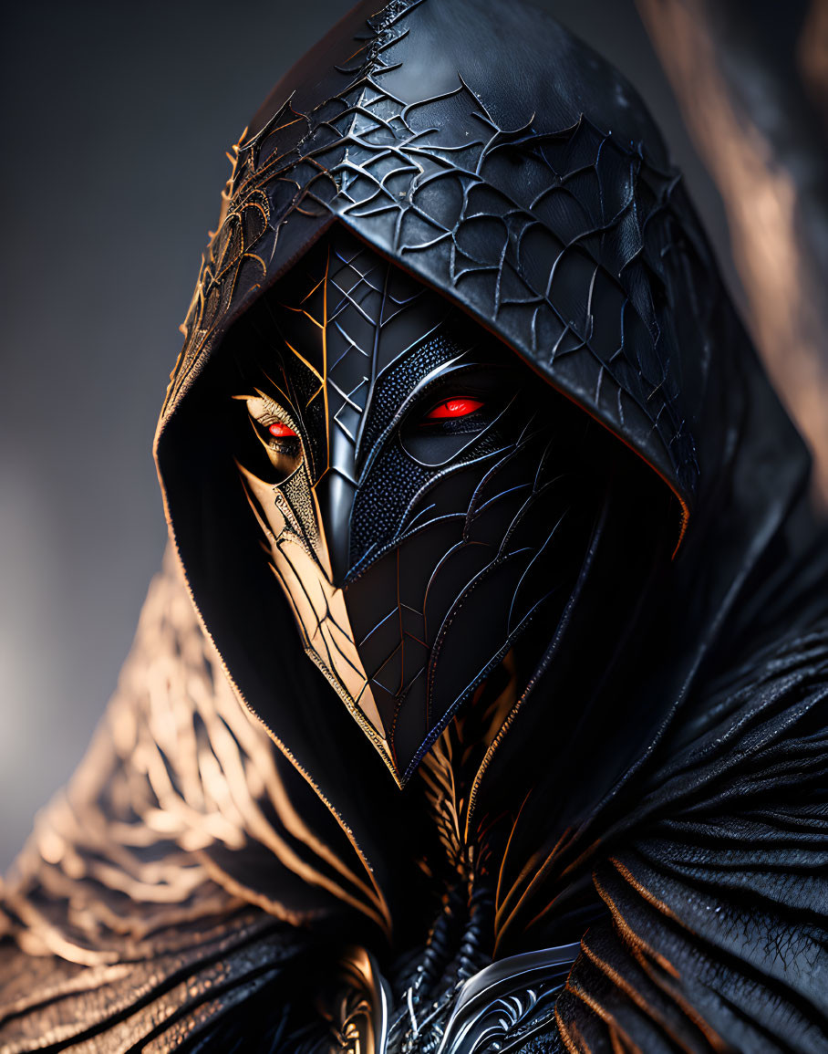 Detailed Dark Costume with Hood and Striking Red Eyes Mask Portrait