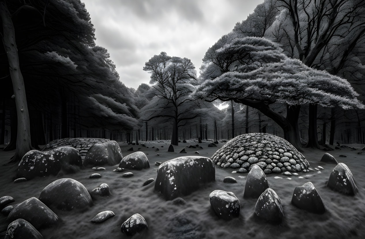 Serene monochrome forest with snow-covered trees and smooth stones