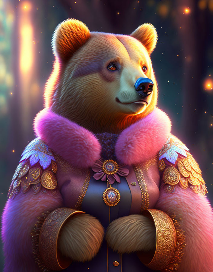 Regal bear in ornate purple coat in glowing forest