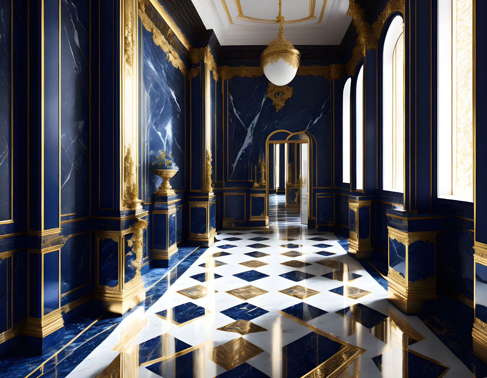 Luxurious Hallway with Checkered Floor, Blue & Gold Walls, Ornate Molding, and