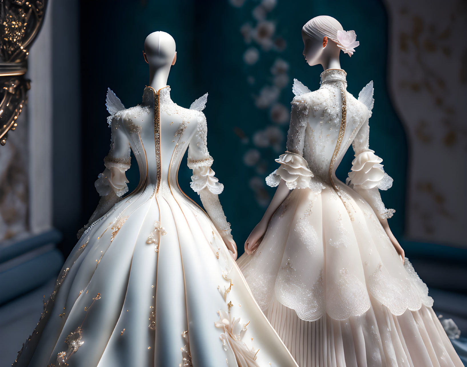 Elegant mannequins in white bridal gowns with gold detailing on blue backdrop