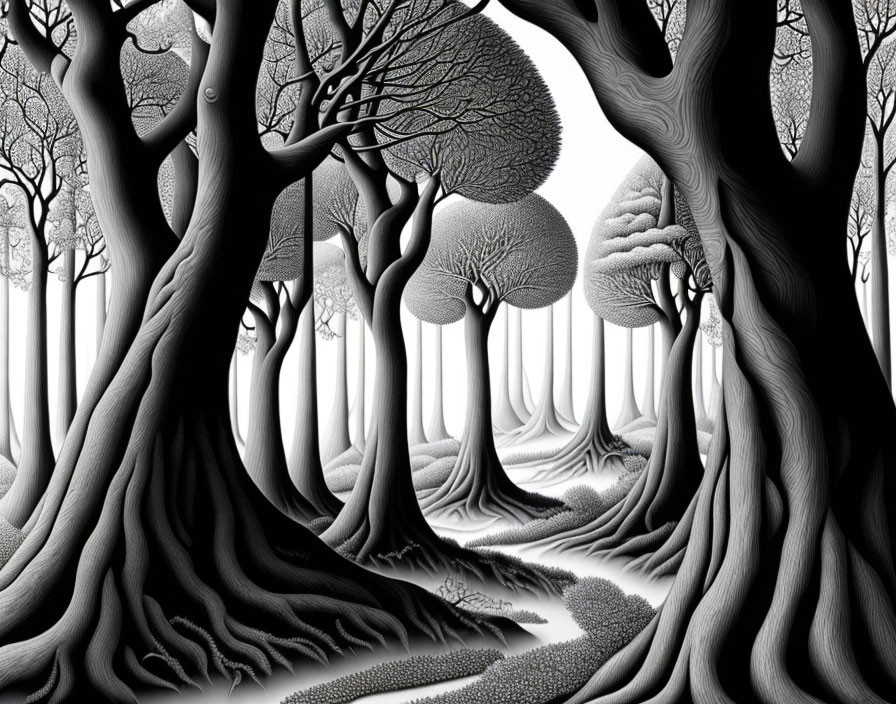 Monochrome stylized forest with intricate, surreal trees and textured foliage