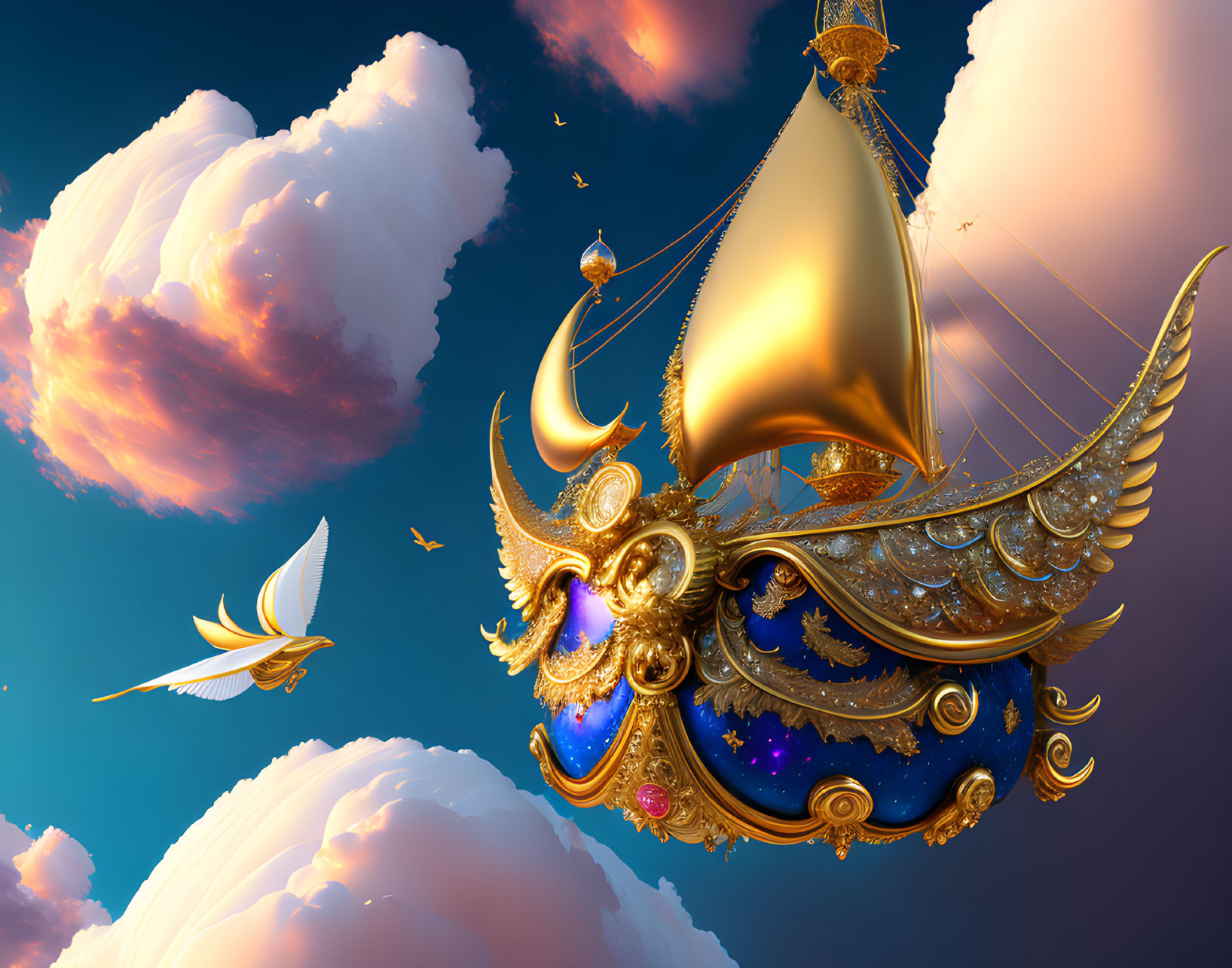 Ornate fantasy airship with golden wings and detailed embellishments in sky