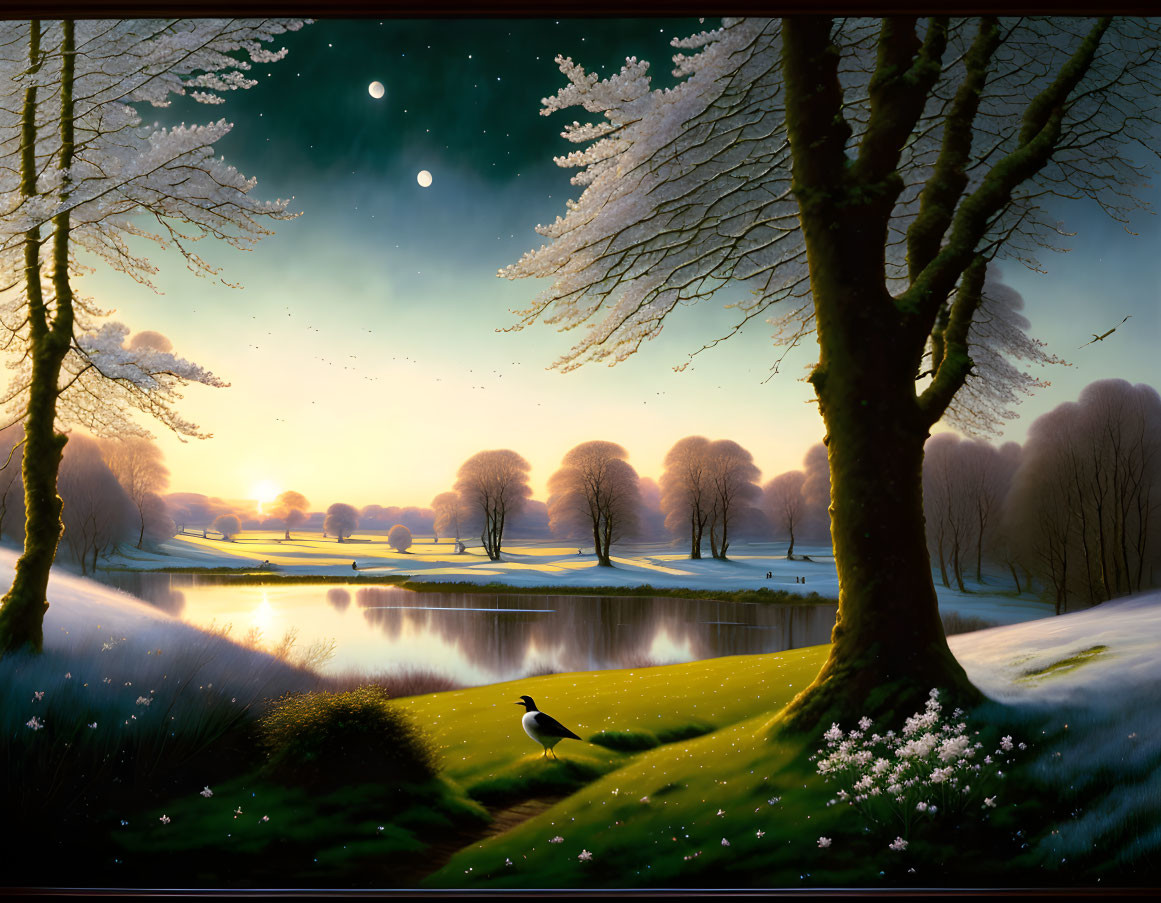 Tranquil dusk landscape with blooming trees, reflective lake, birds, starry sky, and