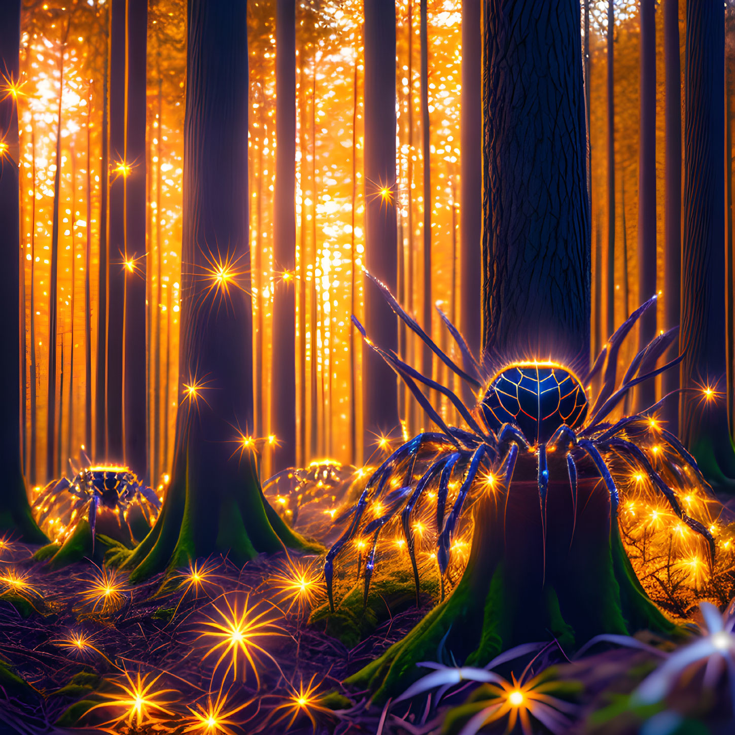 Enchanted forest with large spider and glowing lights at sunset