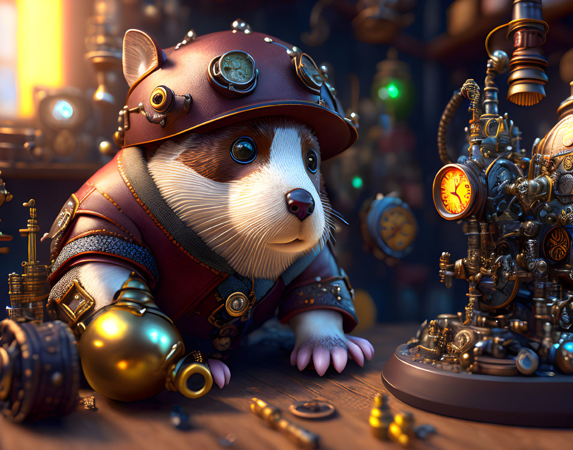 Steampunk-themed anthropomorphic corgi in detailed workshop scene