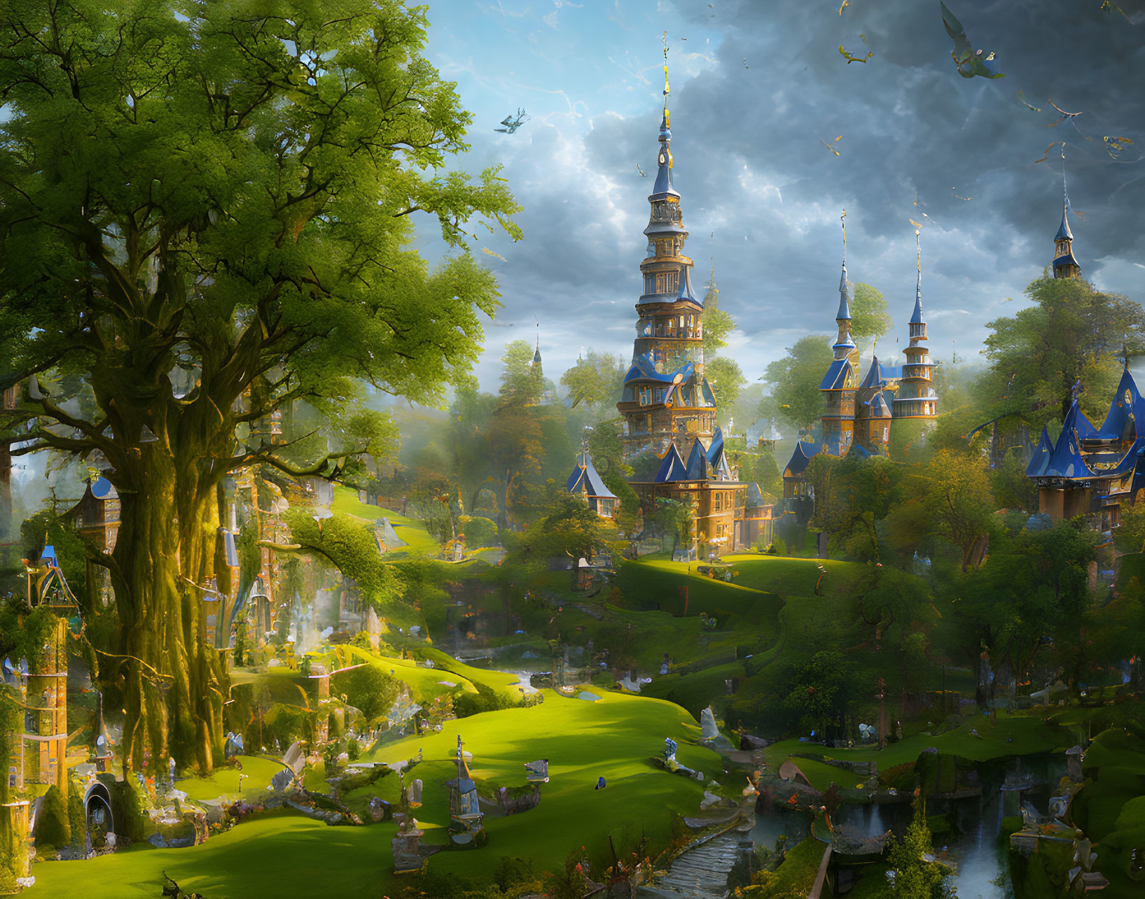 Majestic fantasy kingdom with towering spires and floating islands