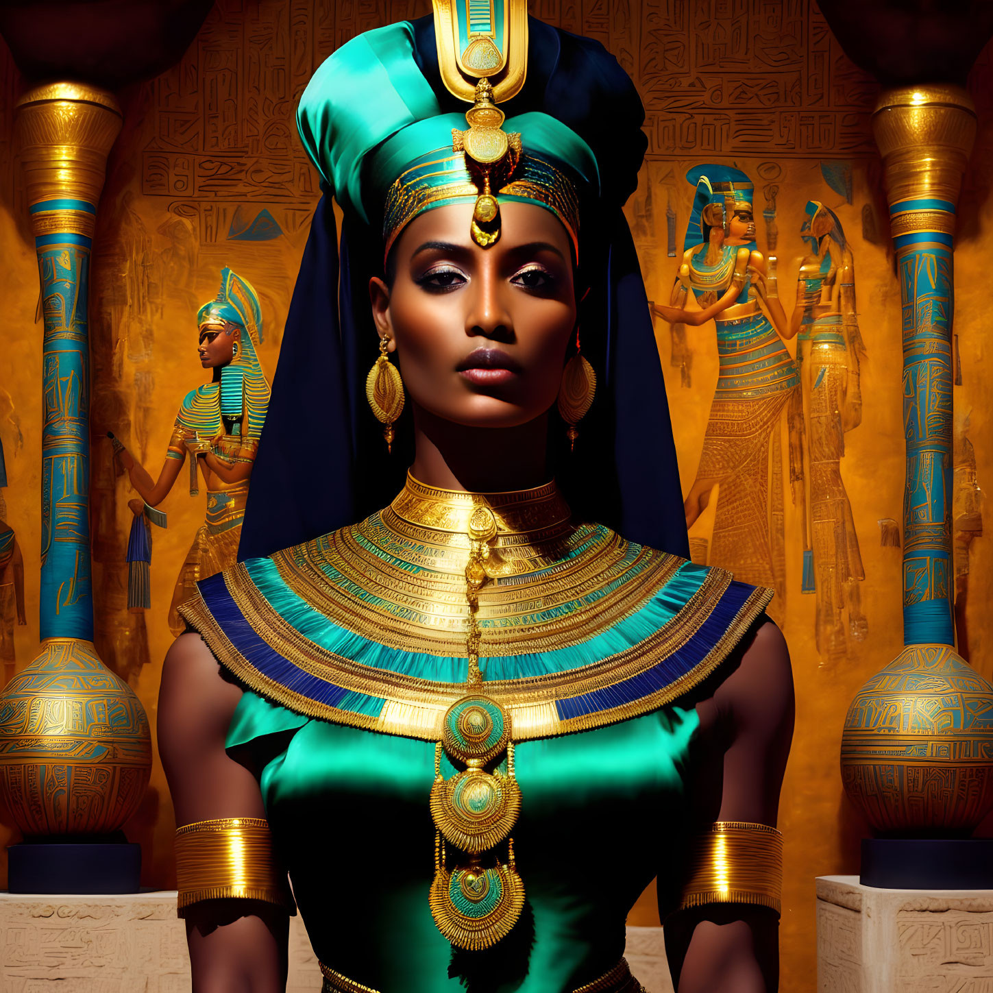 Digital artwork of elegant woman as ancient Egyptian queen with headdress and jewelry.