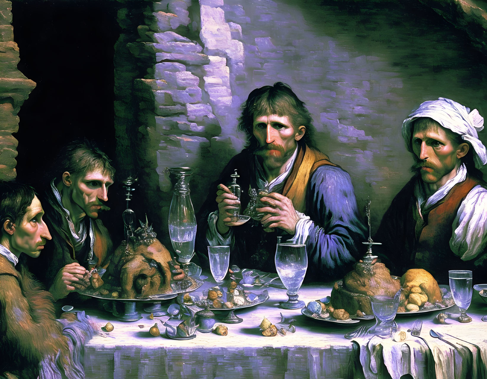 Intimate Gathering of Five Men with Bread, Wine, and Fish