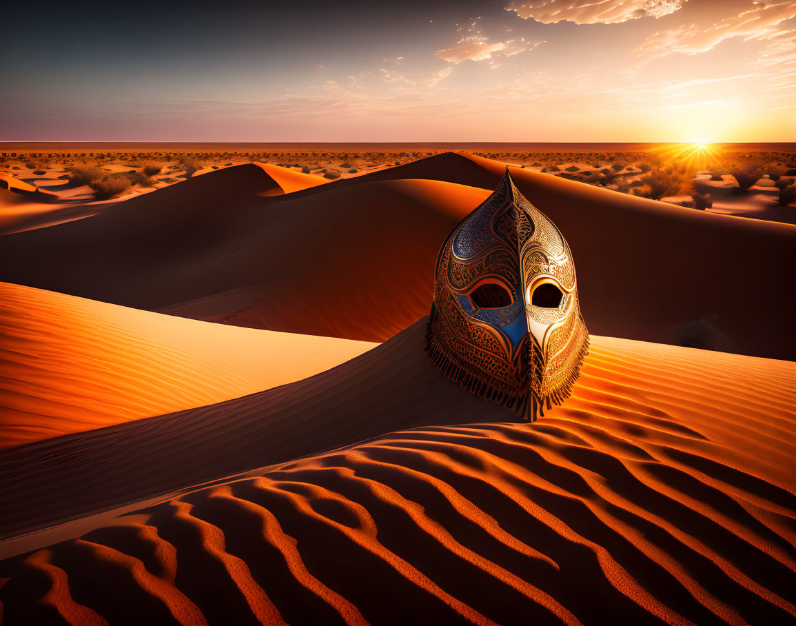 Decorative mask on rippled sand dunes with sunrise and clear sky