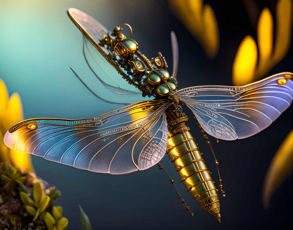 Steampunk-style mechanical dragonfly with intricate gears and metallic structure in golden backdrop