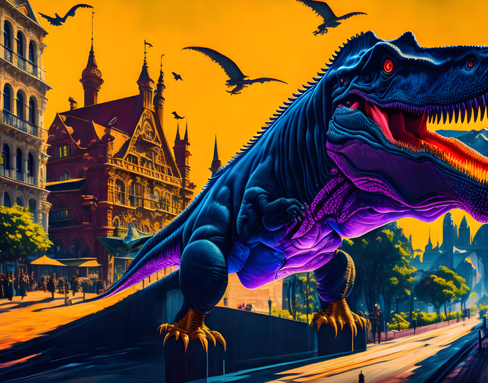 Futuristic cityscape with giant dinosaur in blue and purple colors