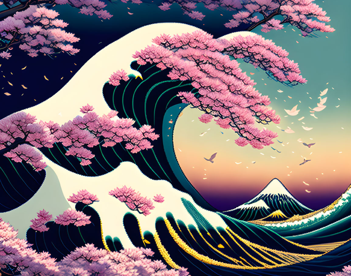 Stylized illustration: Large wave with cherry blossoms, Mount Fuji backdrop